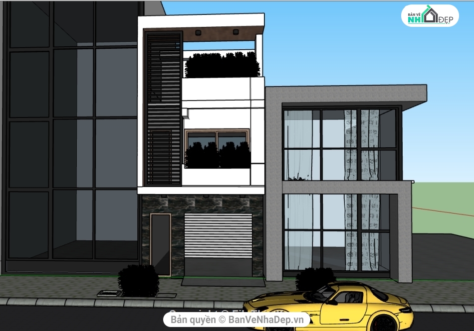 nhà phố 3 tầng,phối cảnh nhà phố 3 tầng,Su ngoại thất nhà phố,Sketchup nhà 3 tầng,model su nhà phố