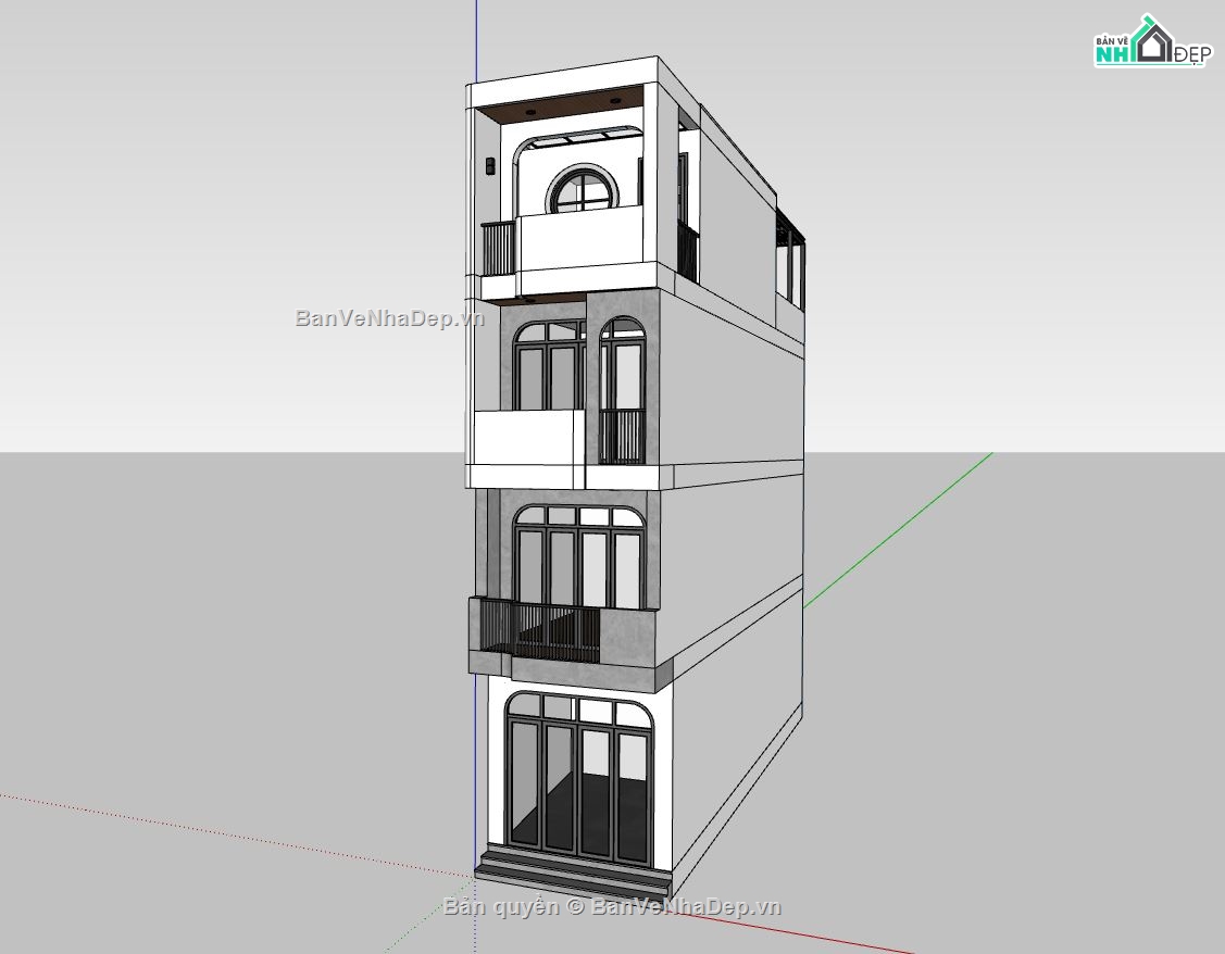 Sketchup nhà phố 4 tầng,nhà ống 3.6x16m,thiết kế nhà phố hiện đại