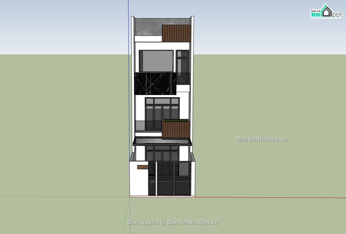 Sketchup nhà phố 4 tầng,nhà phố 5x17m,thiết kế nhà phố hiện đại