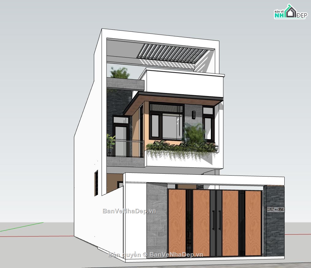 Sketchup nhà phố 2 tầng,nhà phố 5.7x24.5m,thiết kế nhà phố hiện đại