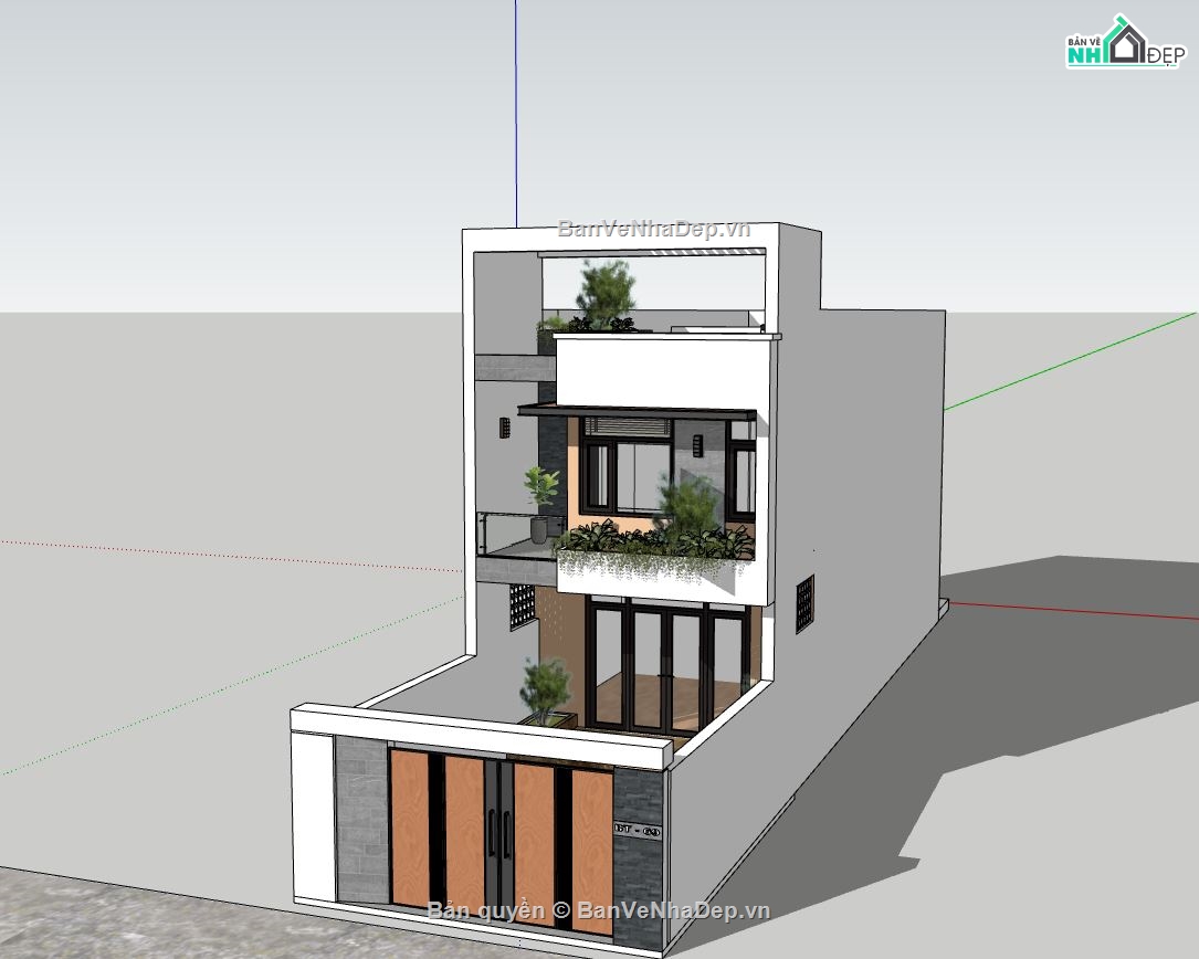 Sketchup nhà phố 2 tầng,nhà phố 5.7x24.5m,thiết kế nhà phố hiện đại