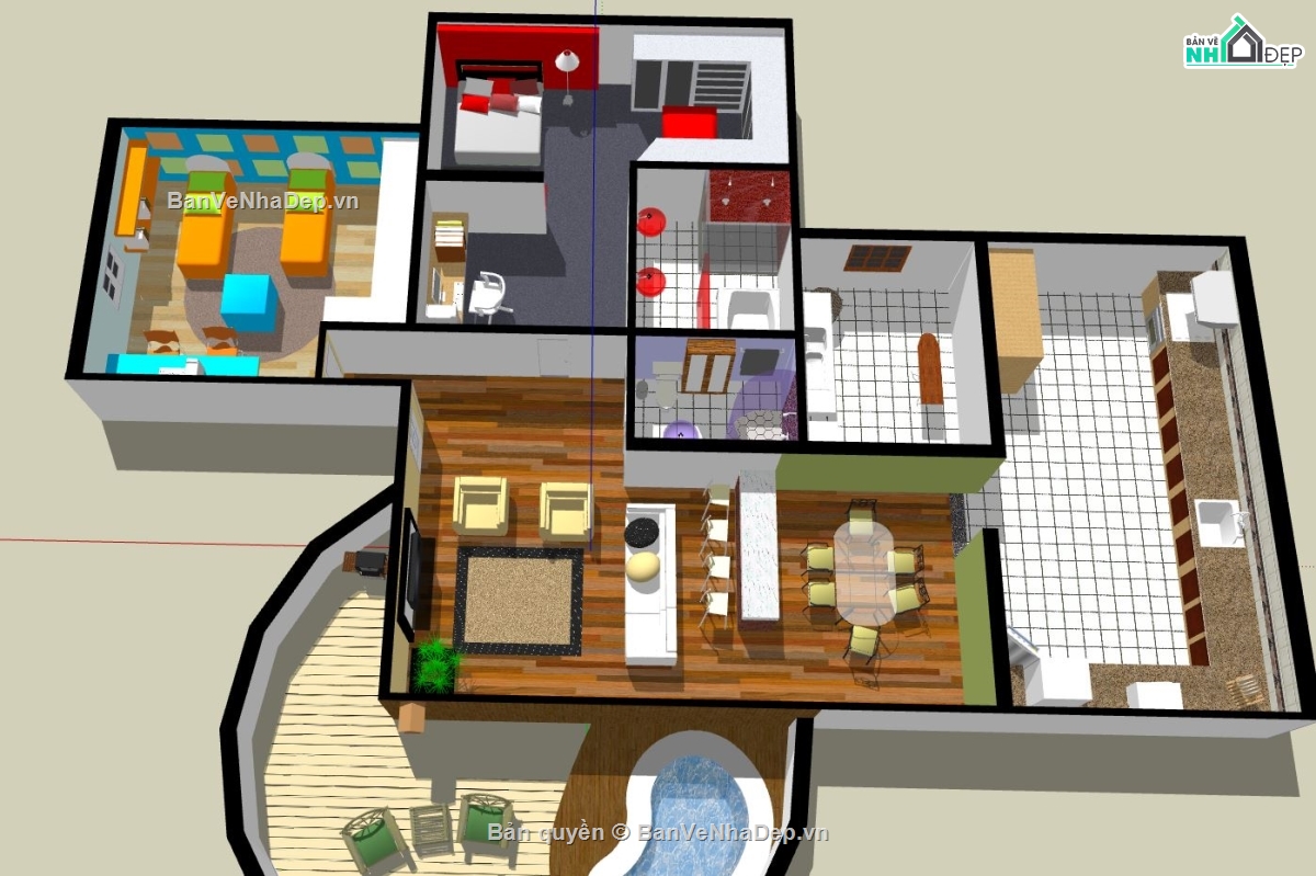Model nhà phố đẹp,nội thất nhà phố đẹp,sketchup nội thất nhà phố
