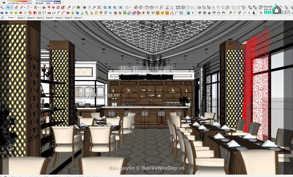 thiết kế Nhà Hàng,Nhà hàng tân cổ điển,file sketchup nhà hàng