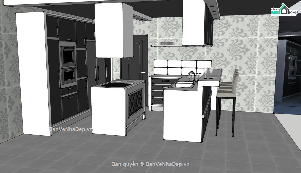 sketchup nội thất bếp,mẫu su nội thất phòng bếp,phòng bếp sketchup,thiết kế nội thất phòng bếp