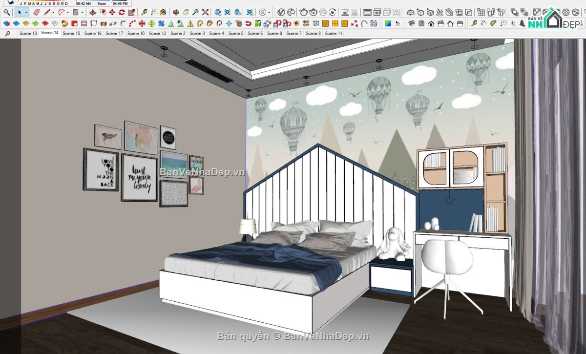 Phòng ngủ,Su nội thất gỗ óc chó,Model Sketchup Phòng ngủ