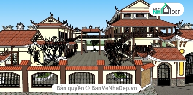 File SKETCHUP Chùa long hội,Chùa long hội file sketchup,File SKETCHUP Chùa,Su phối cảnh chùa long hội