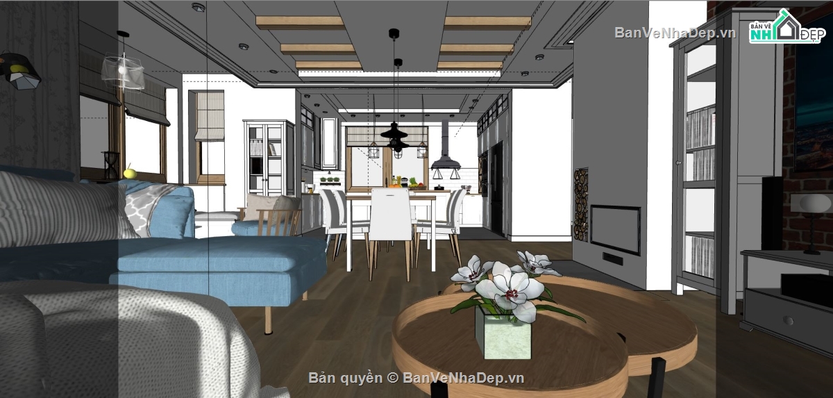 phòng khách bếp chung cư,sketchup phòng khách,phòng bếp sketchup,sketchup phòng khách chung cư