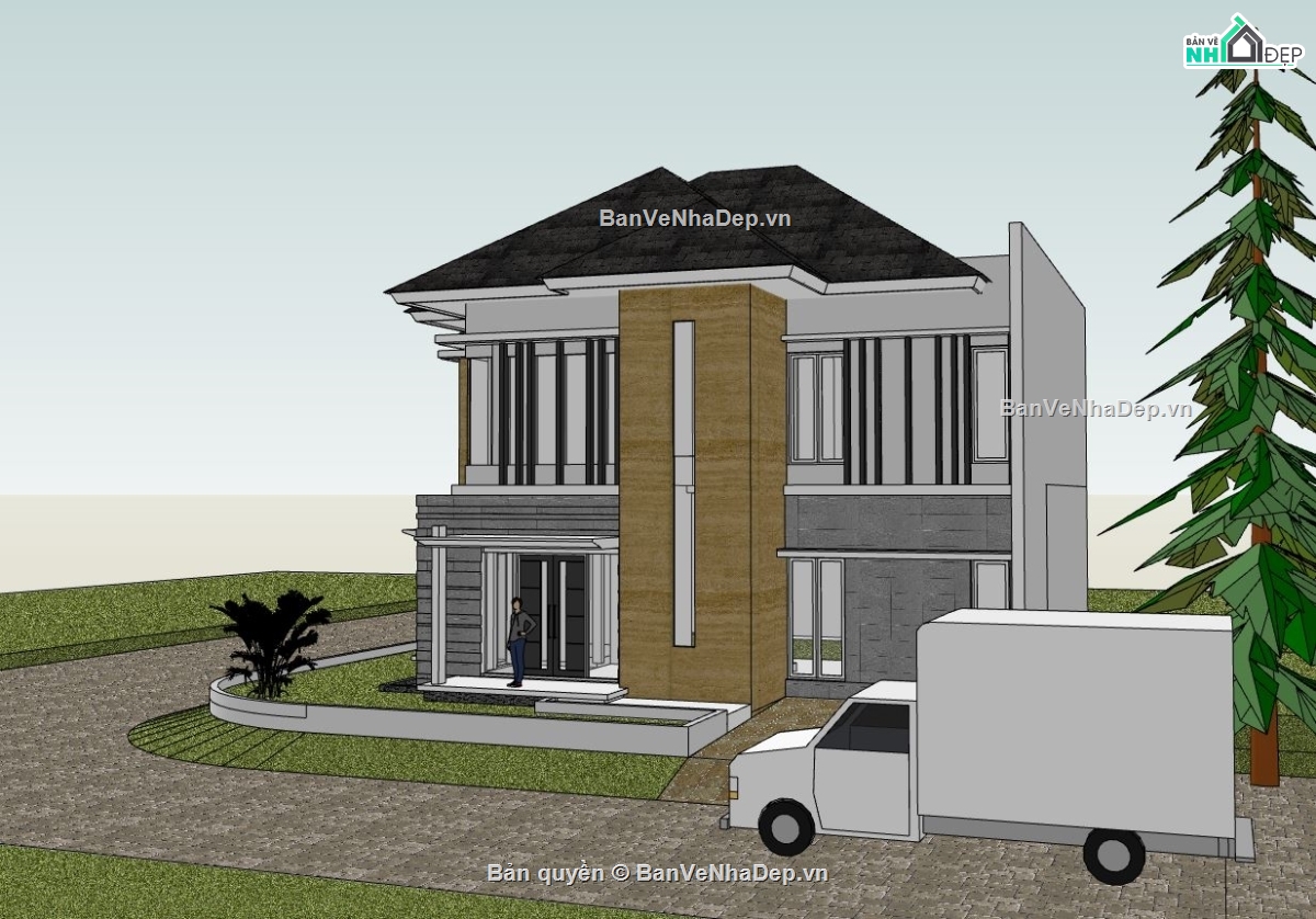 sketchup biệt thự 2 tầng,model su biệt thự 2 tầng,file sketchup biệt thự hiện đại