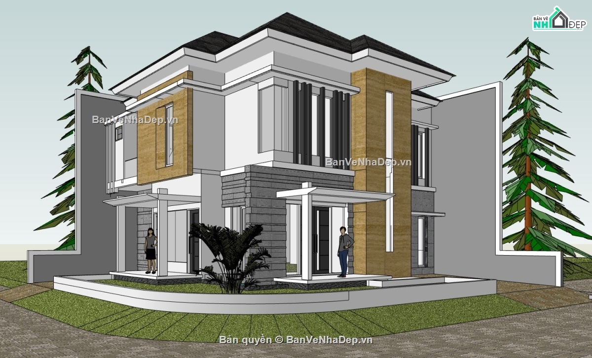 sketchup biệt thự 2 tầng,model su biệt thự 2 tầng,file sketchup biệt thự hiện đại