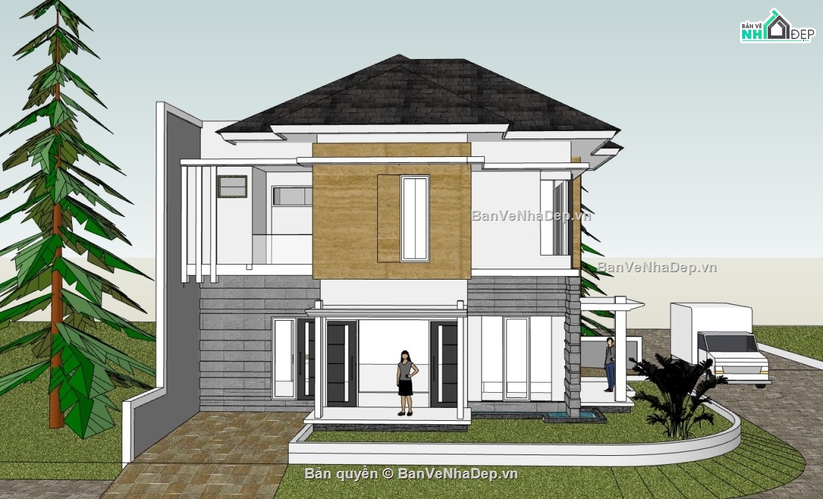 sketchup biệt thự 2 tầng,model su biệt thự 2 tầng,file sketchup biệt thự hiện đại