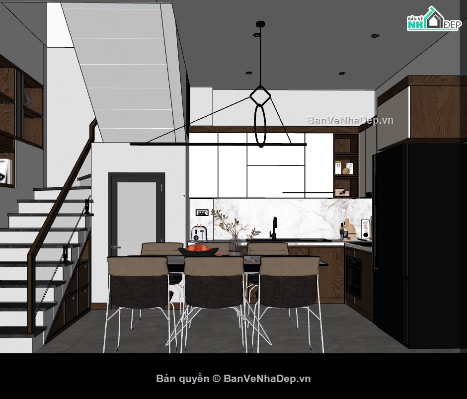 sketchup nội thất phòng khách bếp,phòng khách bếp dựng file sketchup,model 3d phòng khách,bếp ăn dựng 3d su
