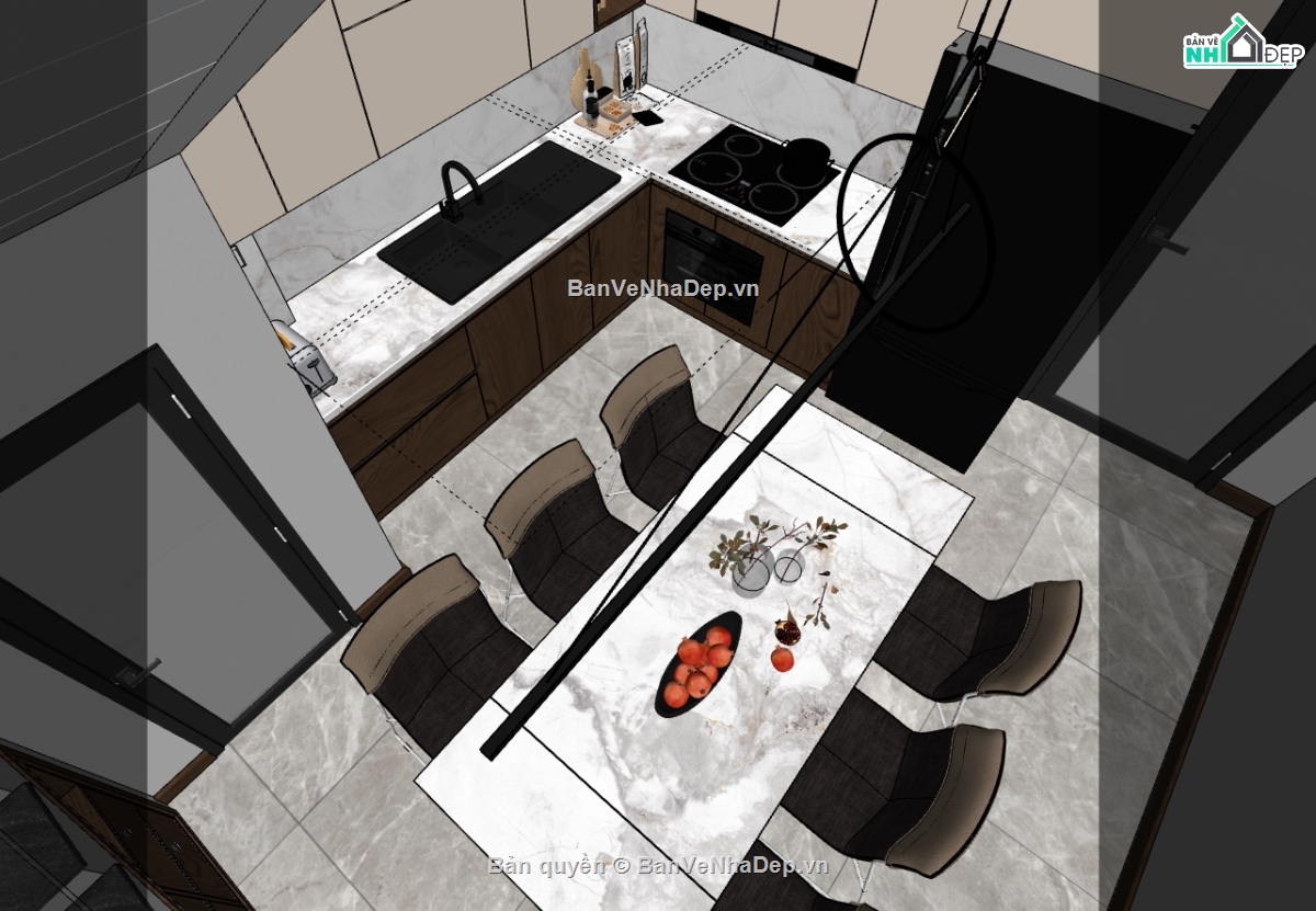 sketchup nội thất phòng khách bếp,phòng khách bếp dựng file sketchup,model 3d phòng khách,bếp ăn dựng 3d su