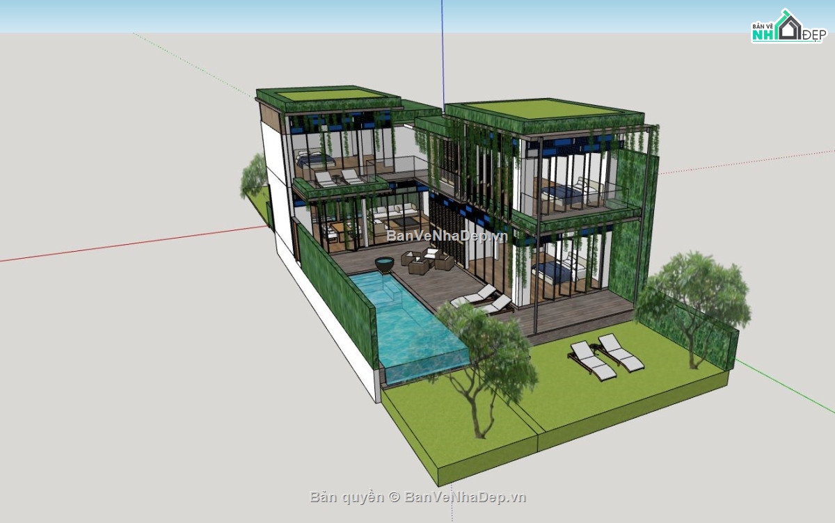 sketchup villa 2 tầng,mẫu villa hiện đại,biệt thự villa sketchup