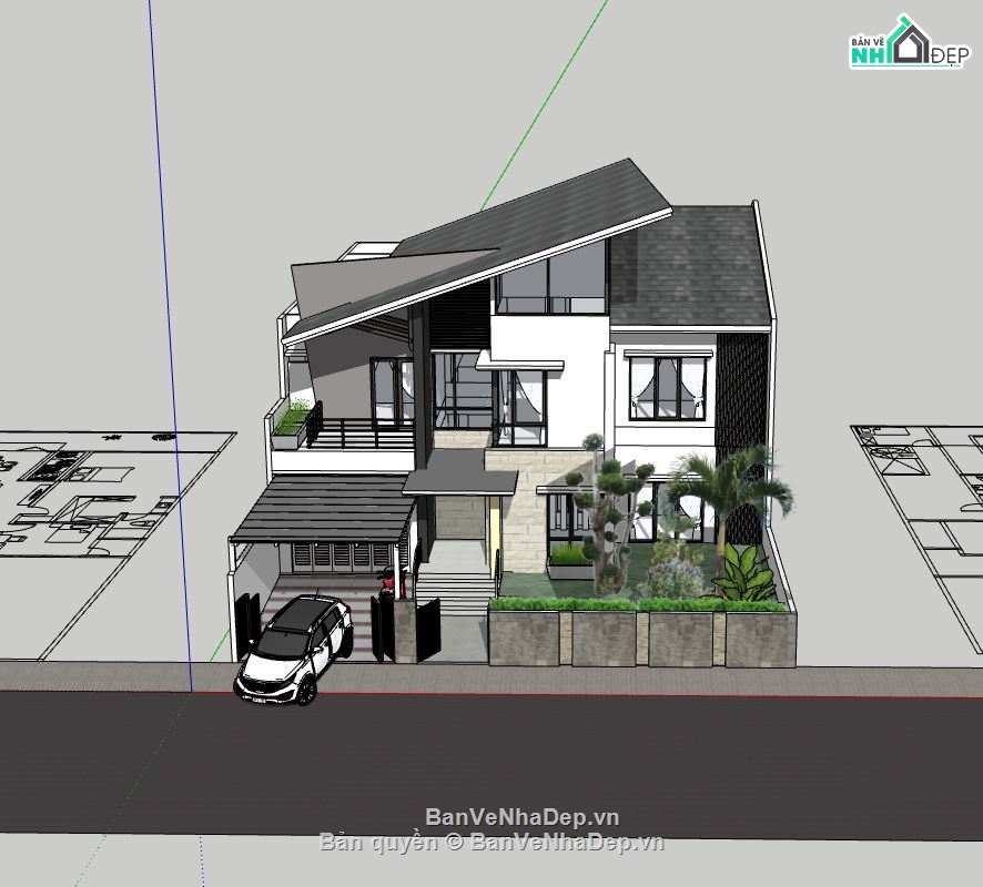 biệt thự 2 tầng,sketchup biệt thự,phối cảnh biệt thự