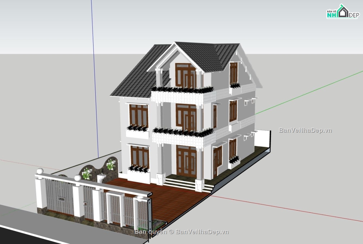 biệt thự 3 tầng,sketchup biệt thự,phối cảnh biệt thự,dựng 3d biệt thự