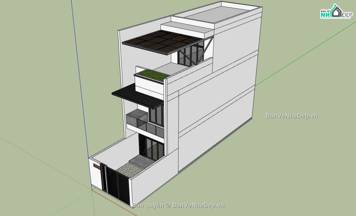 nhà phố 3 tầng,sketchup nhà phố 3 tầng,phối cảnh nhà phố