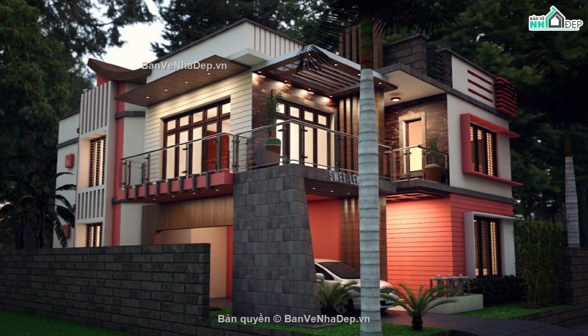 Biệt thự  2 tầng,mẫu biệt thự sketchup,biệt thự hiện đại
