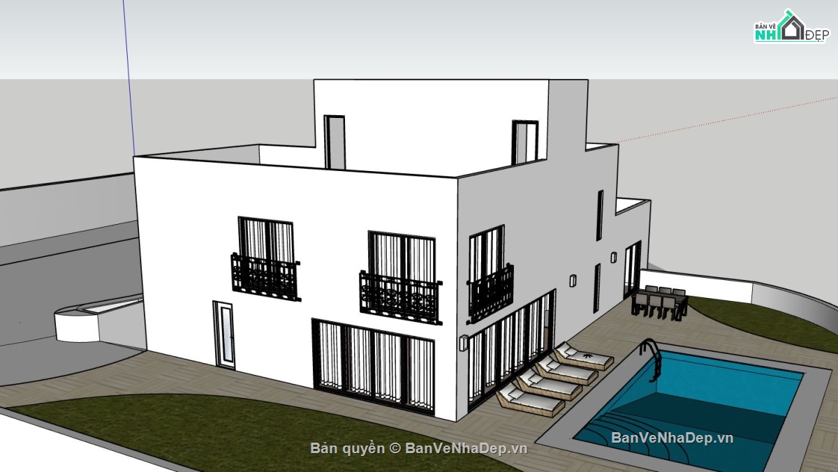 Biệt thự  2 tầng,file sketchup biệt thự 2 tầng,biệt thự có bể bơi
