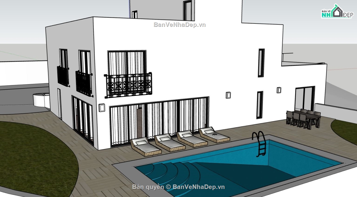 Biệt thự  2 tầng,file sketchup biệt thự 2 tầng,biệt thự có bể bơi