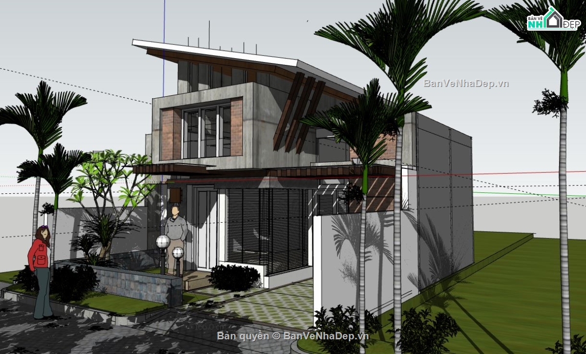 biệt thự 2 tầng file su,biệt thự mái lệch file su,biệt thự 2 tầng 3d su,biệt thự 2 tầng 7x8.5m