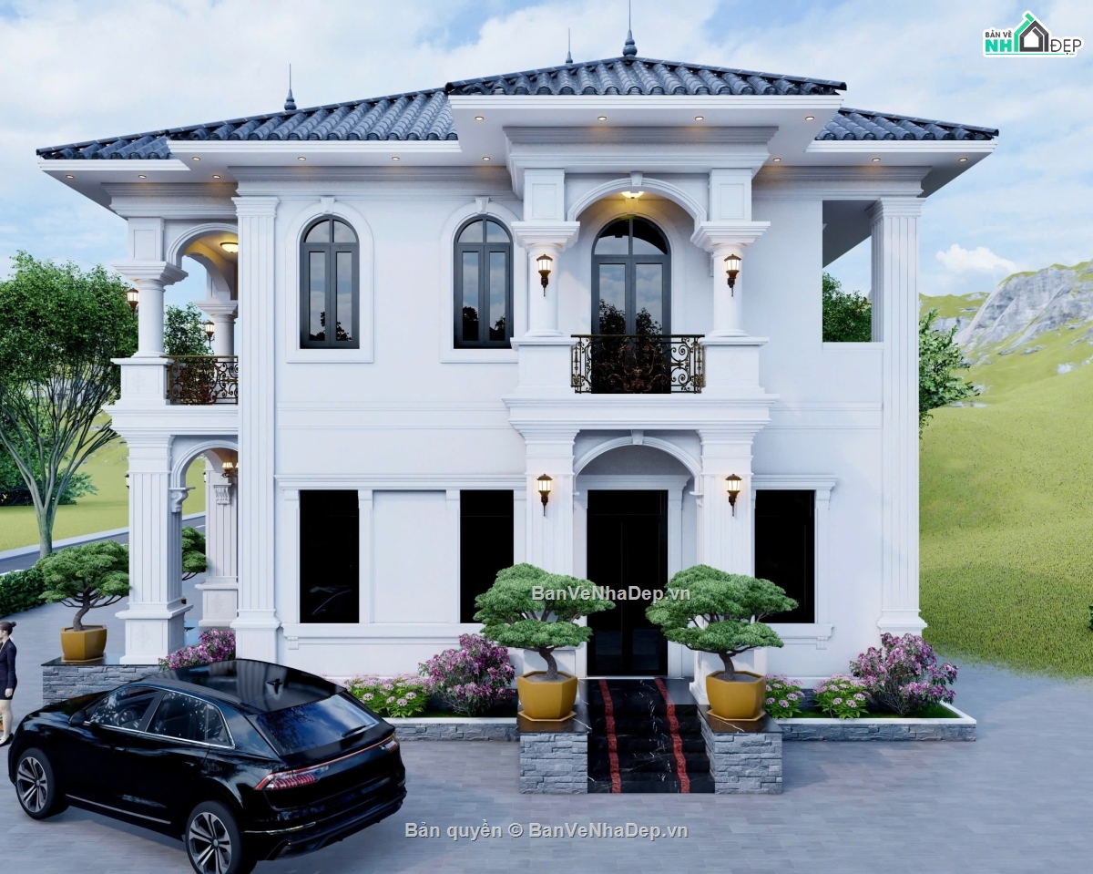 bản vẽ 2 tầng,nhà 2 tầng mái nhật đẹp,biệt thự 2 tầng mái nhật,file cad biệt thự 2 tầng