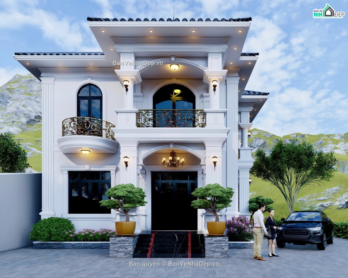 bản vẽ 2 tầng,nhà 2 tầng mái nhật đẹp,biệt thự 2 tầng mái nhật,file cad biệt thự 2 tầng