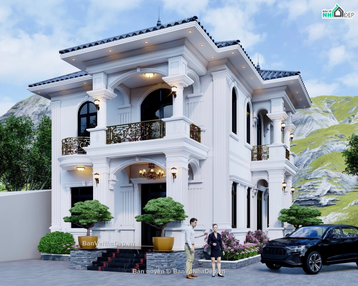 bản vẽ 2 tầng,nhà 2 tầng mái nhật đẹp,biệt thự 2 tầng mái nhật,file cad biệt thự 2 tầng