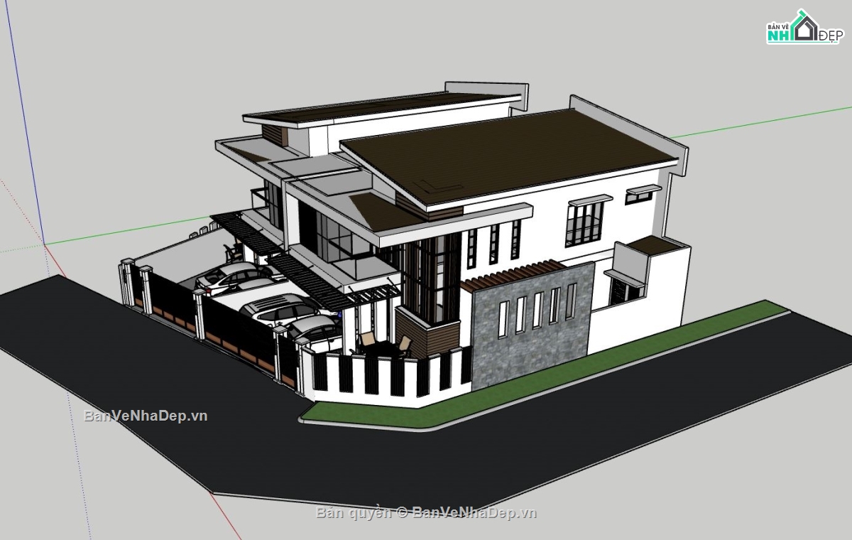 Biệt thự song lập,Biệt thự  2 tầng,biệt thự sketchup,biệt thự hiện đại