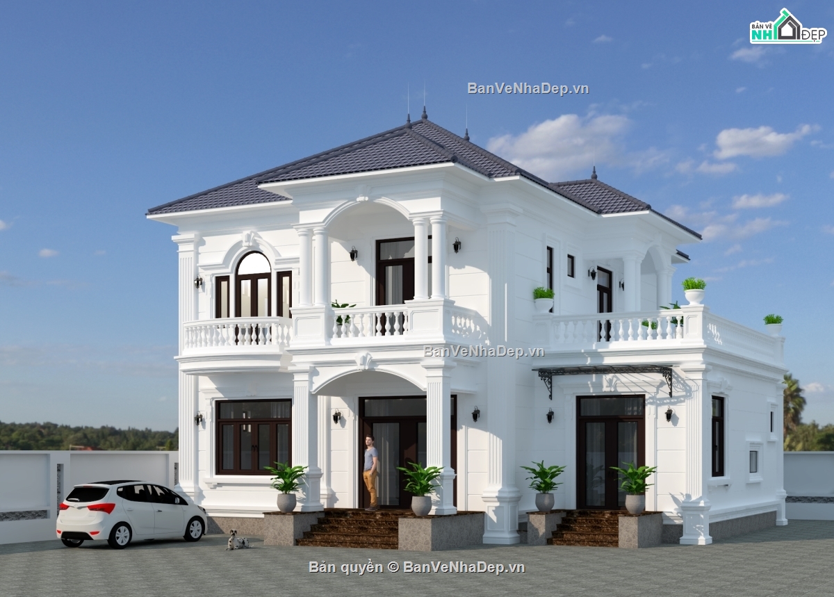 Biệt thự 2 tầng tân cổ điển 13x13m,Biệt thự 2 tầng tân cổ điển 5 phòng ngủ,Biệt thự 2 tầng tân cổ điển mái Nhật