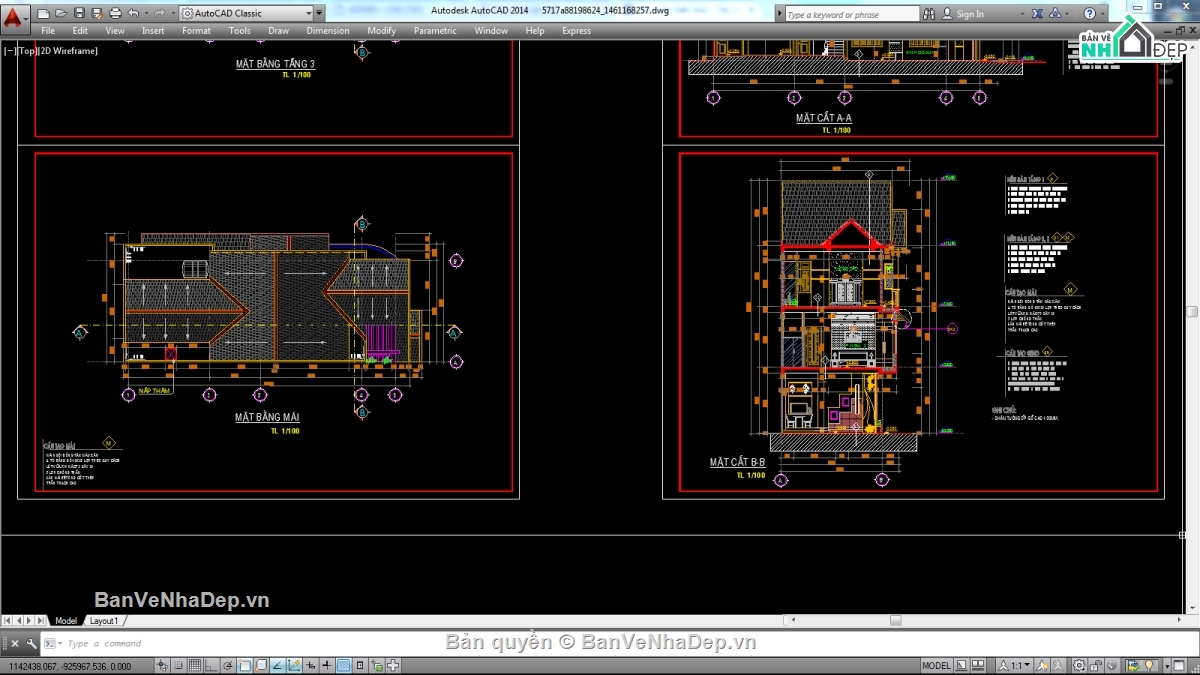 Biệt thự,file biệt thự 3 tầng,file cad biệt thự 3 tầng