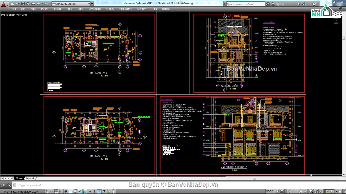 Biệt thự,file biệt thự 3 tầng,file cad biệt thự 3 tầng