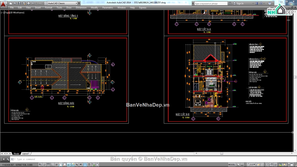Biệt thự,file biệt thự 3 tầng,file cad biệt thự 3 tầng