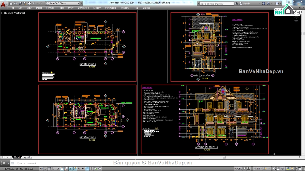 Biệt thự,file biệt thự 3 tầng,file cad biệt thự 3 tầng