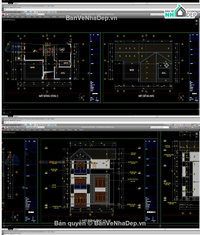 Biệt thự,Biệt thự 3 tầng,file kiến trúc biệt thự 3 tầng