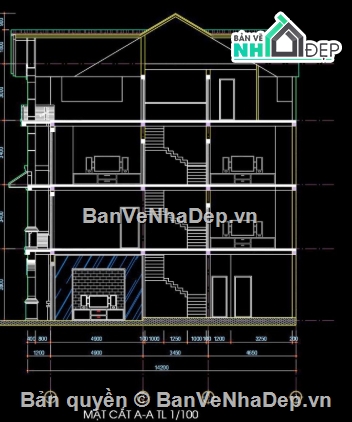 Biệt thự 3 tầng,Biệt thự song lập,file cad 3 tầng