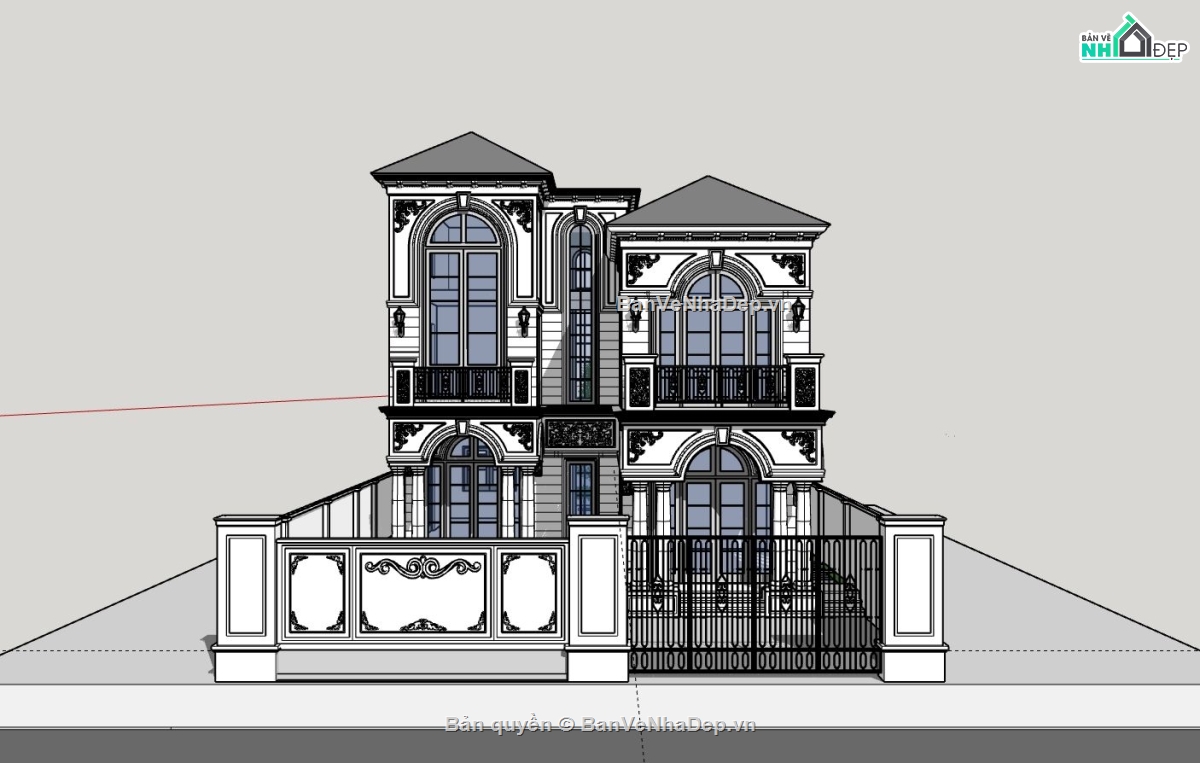 Biệt thự tân cổ điển,biệt thự sketchup 2 tầng,bản vẽ biệt thự 3d