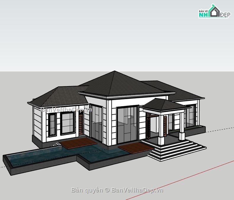 Biệt thự 1 tầng,Model su biệt thự 1 tầng,sketchup biệt thự 1 tầng