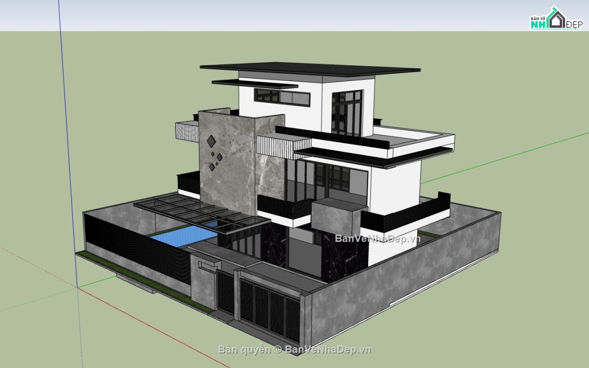 Nhà phố 2 tầng,phối cảnh nhà phố 2 tầng,sketchup nhà phố 2 tầng