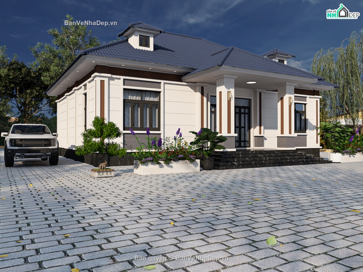 nhà mái nhật có phối cảnh,3d nhà vườn,biệt thự vẽ bằng  sketchup,nhà mái nhật 1 tầng,nhà mái nhật thực tế