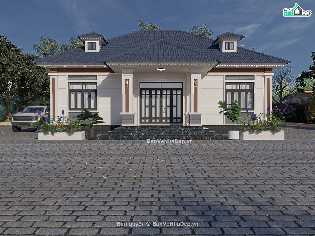 nhà mái nhật có phối cảnh,3d nhà vườn,biệt thự vẽ bằng  sketchup,nhà mái nhật 1 tầng,nhà mái nhật thực tế