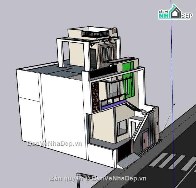 Nhà phố 2 tầng 1 tum,model su nhà phố 2 tầng,file su nhà phố 2 tầng,nhà phố 2 tầng 1 tum sketchup,sketchup nhà phố 2 tầng