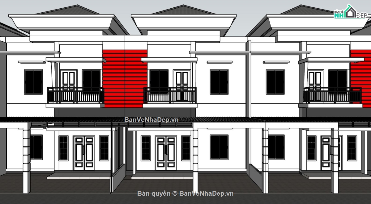 Nhà liền kề 2 tầng,model su nhà liền kề,file sketchup nhà phố 2 tầng,nhà phố 2 tầng liền kề