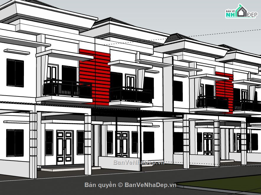 Nhà liền kề 2 tầng,model su nhà liền kề,file sketchup nhà phố 2 tầng,nhà phố 2 tầng liền kề