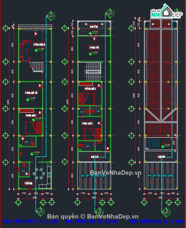 Bản vẽ nhà ống đẹp,Bản vẽ 2 tầng mái thái,Bản vẽ mái thái đẹp