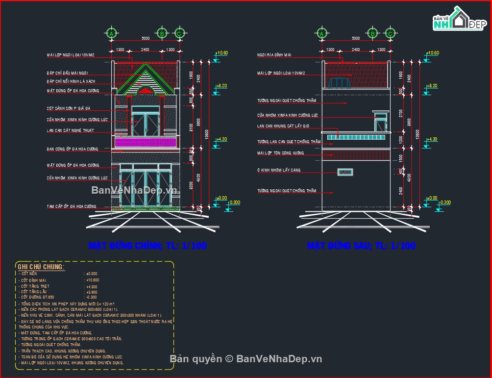 Bản vẽ nhà ống đẹp,Bản vẽ 2 tầng mái thái,Bản vẽ mái thái đẹp