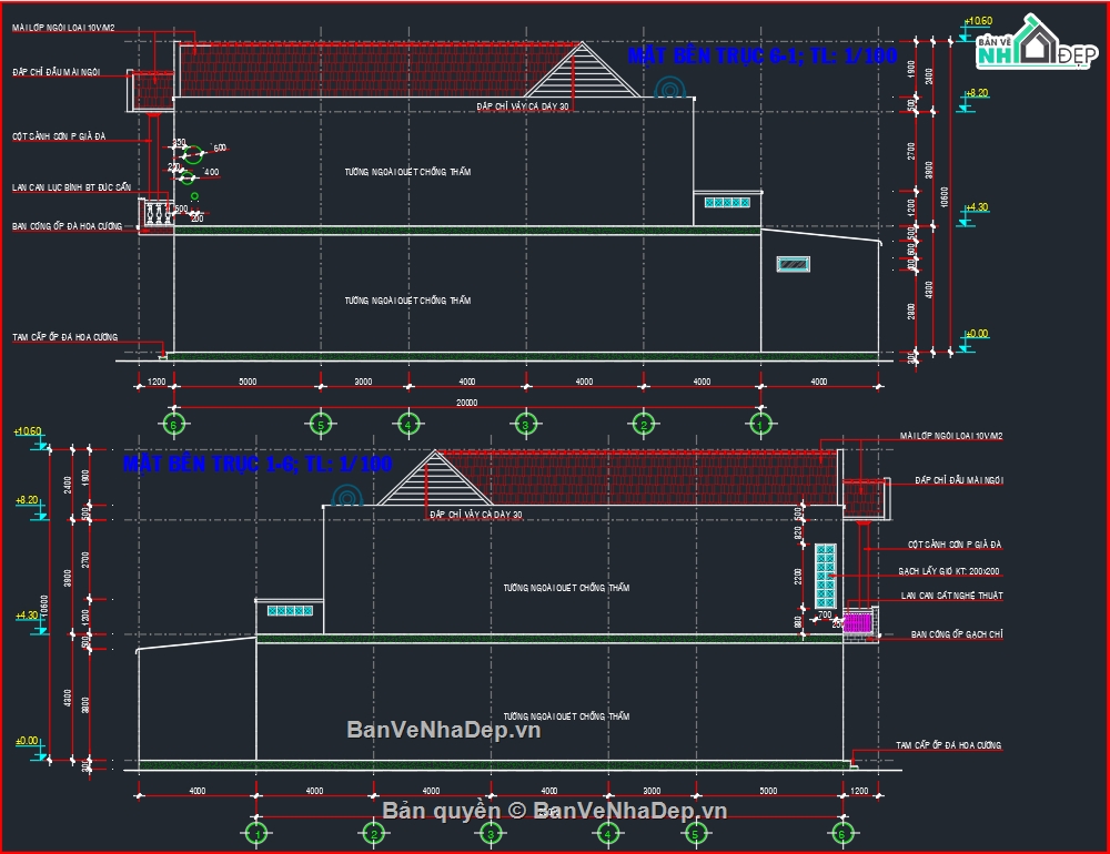 Bản vẽ nhà ống đẹp,Bản vẽ 2 tầng mái thái,Bản vẽ mái thái đẹp