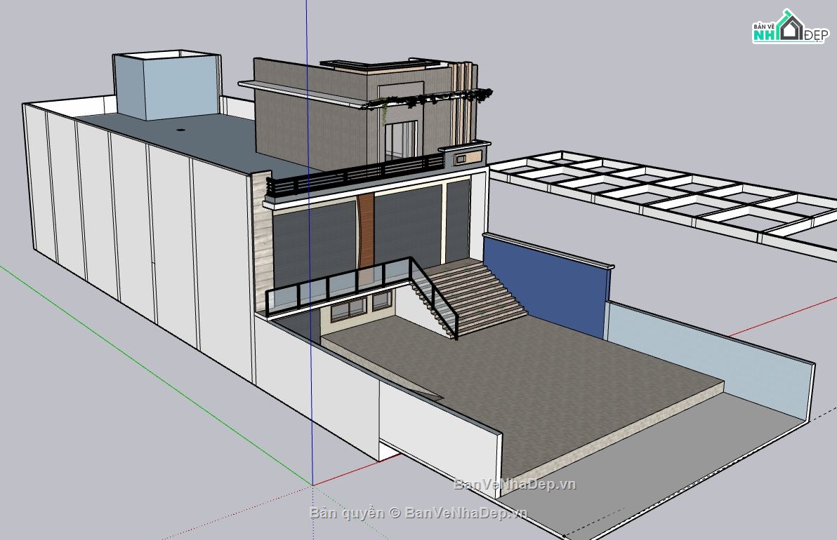 Nhà phố 1 tầng 1 tum,model su nhà phố 1 tầng,nhà phố 1 tầng 1 tum file su,sketchup nhà phố 1 tầng