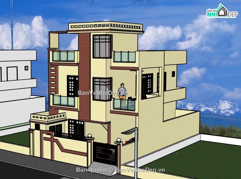 Nhà phố 2 tầng 1 tum,model su nhà phố 2 tầng,file su nhà phố 2 tầng 1 tum,sketchup nhà phố 2 tầng