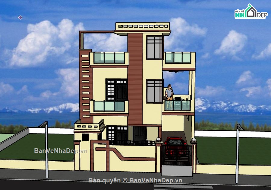 Nhà phố 2 tầng 1 tum,model su nhà phố 2 tầng,file su nhà phố 2 tầng 1 tum,sketchup nhà phố 2 tầng