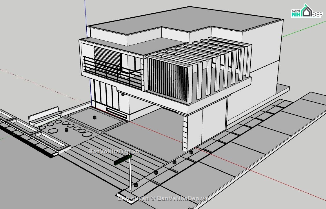 nhà phố 2 tầng 12.2x15.1m,nhà phố 2 tầng file sketchup,dựng model su nhà phố,file sketchup nhà phố hiện đại